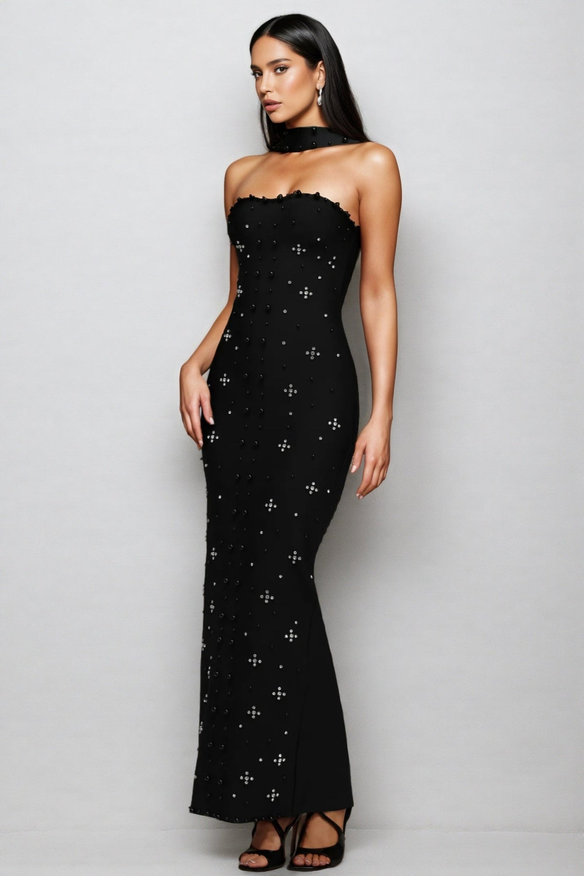 Pearl Beaded Strapless Choker Neck Bandage Bodycon Maxi Dress - View 2