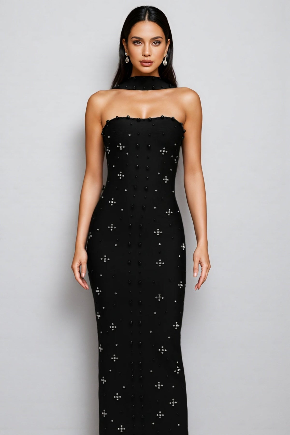 Pearl Beaded Strapless Choker Neck Bandage Bodycon Maxi Dress - View 3