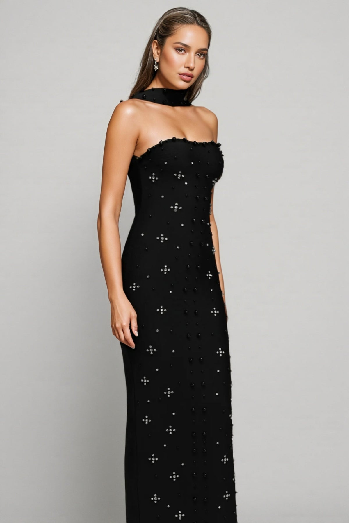 Pearl Beaded Strapless Choker Neck Bandage Bodycon Maxi Dress - View 4