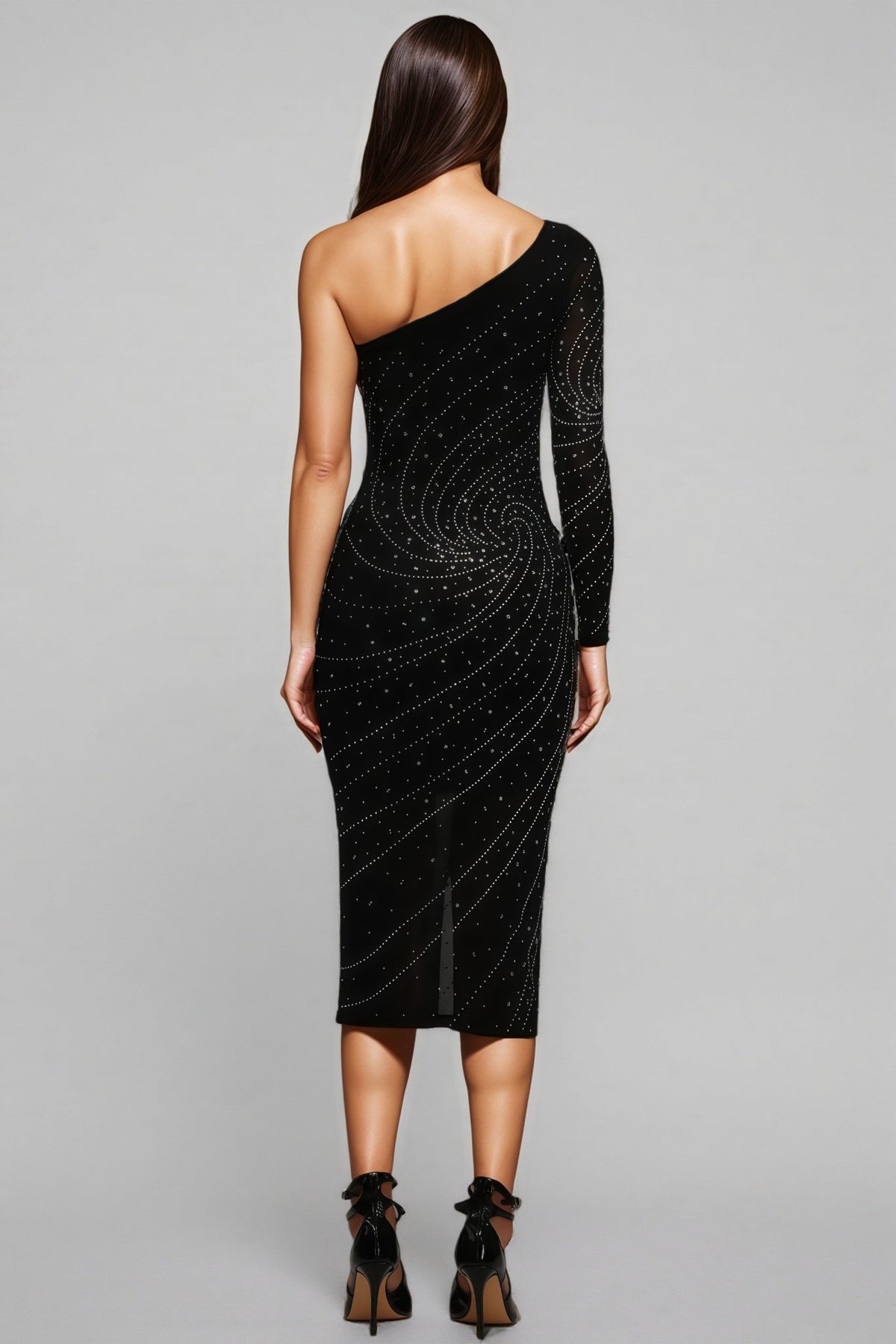One Shoulder Long Sleeve Rhinestone Spiral Mesh Sheer Hem Midi Dress - View 5