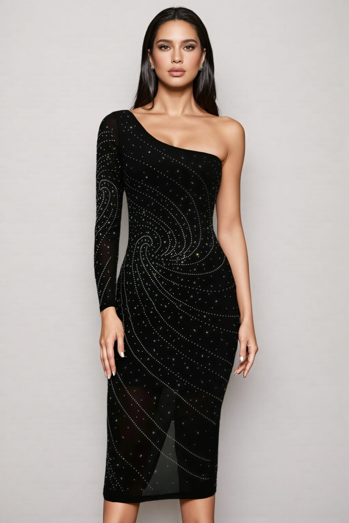 One Shoulder Long Sleeve Rhinestone Spiral Mesh Sheer Hem Midi Dress - View 3