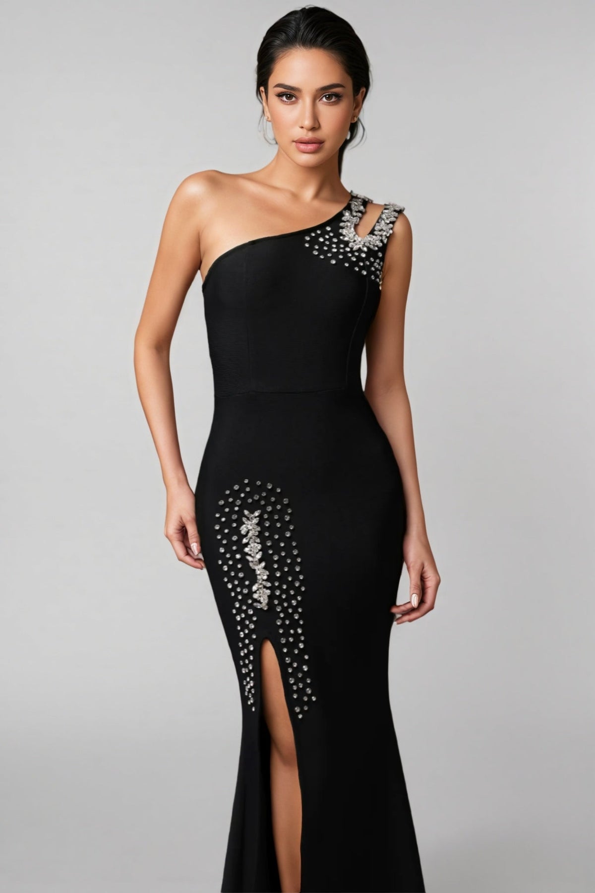 One Shoulder Cut Out Rhinestone Hip Embellished Mermaid Maxi Gown - View 4