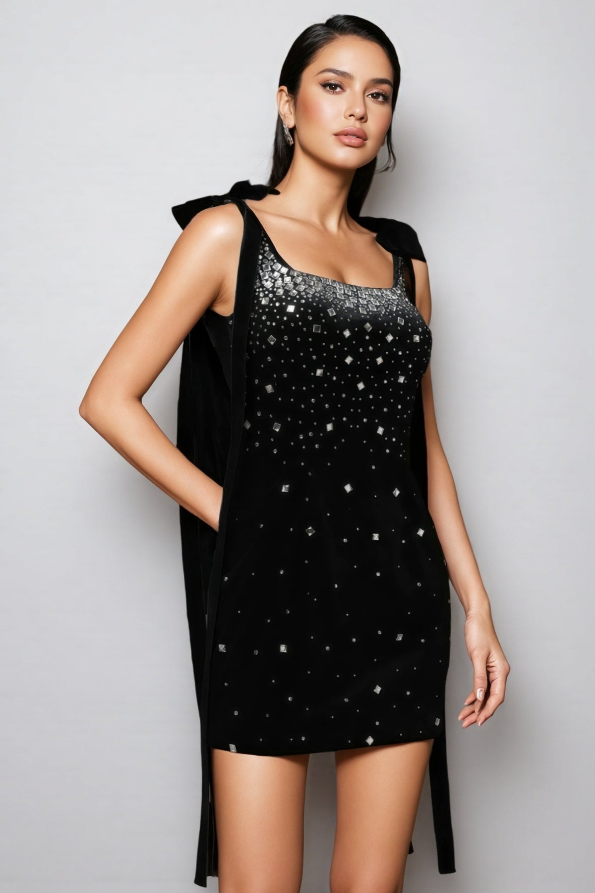 Velvet Square Neck Bow Strap Crystal Gradient Bodycon Mini Dress - View 4