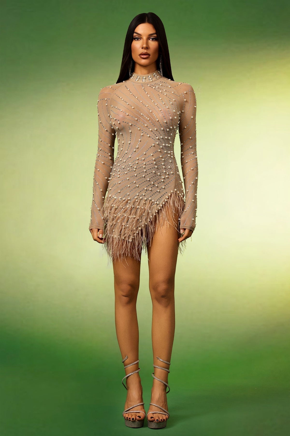 Long Sleeve Mock Neck Pearl Rhinestone Feather Fringe Mesh Mini Dress - View 2