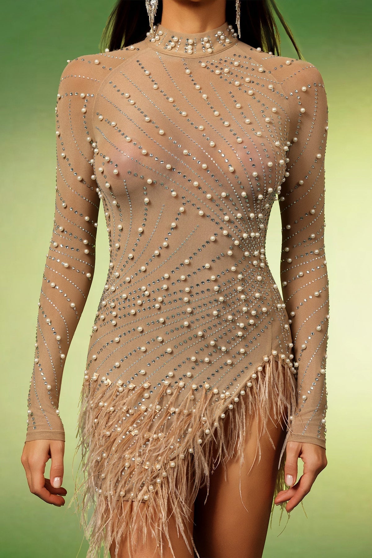 Long Sleeve Mock Neck Pearl Rhinestone Feather Fringe Mesh Mini Dress - View 5