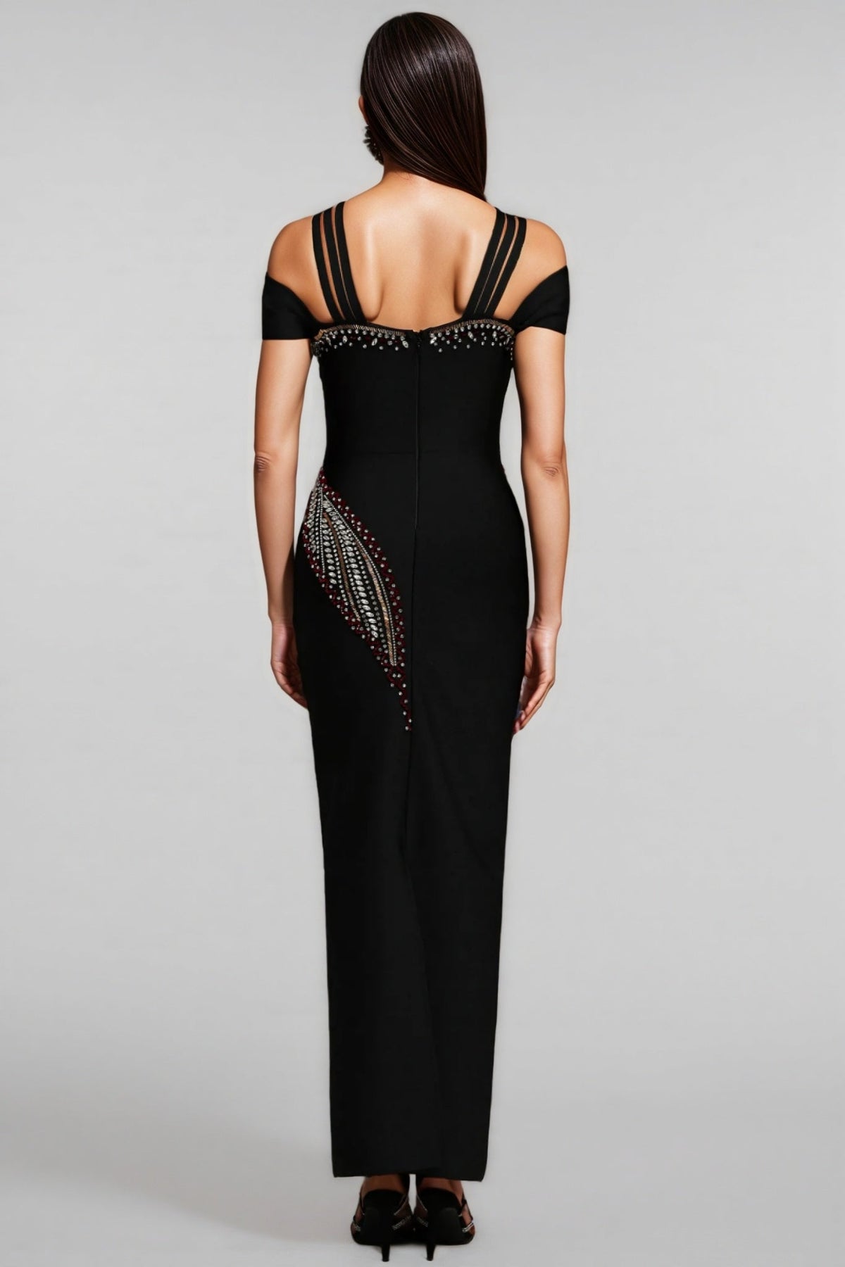 Bandage Off Shoulder Criss Cross Strap Rhinestone Trim Maxi Dress - View 3