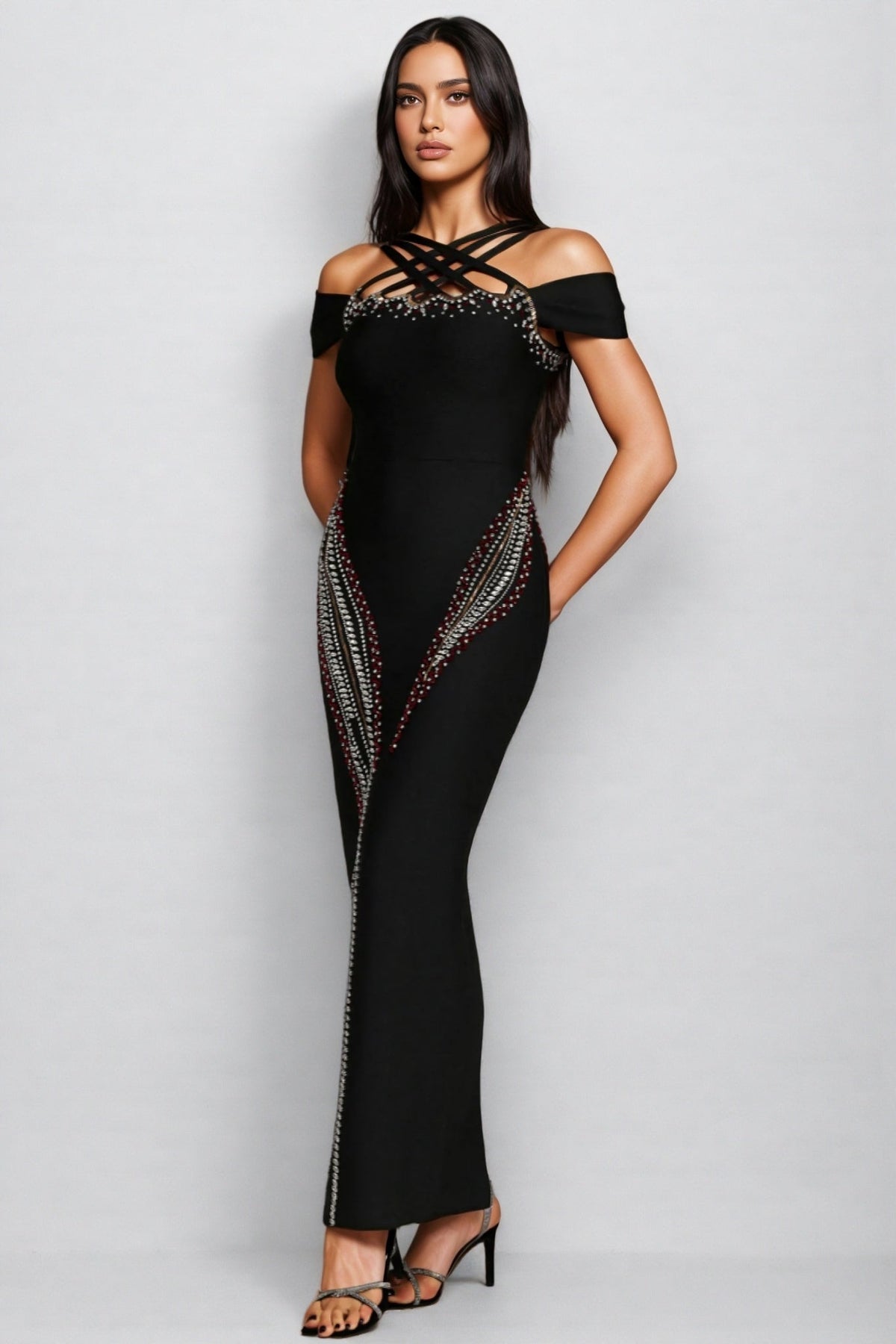 Bandage Off Shoulder Criss Cross Strap Rhinestone Trim Maxi Dress - View 2