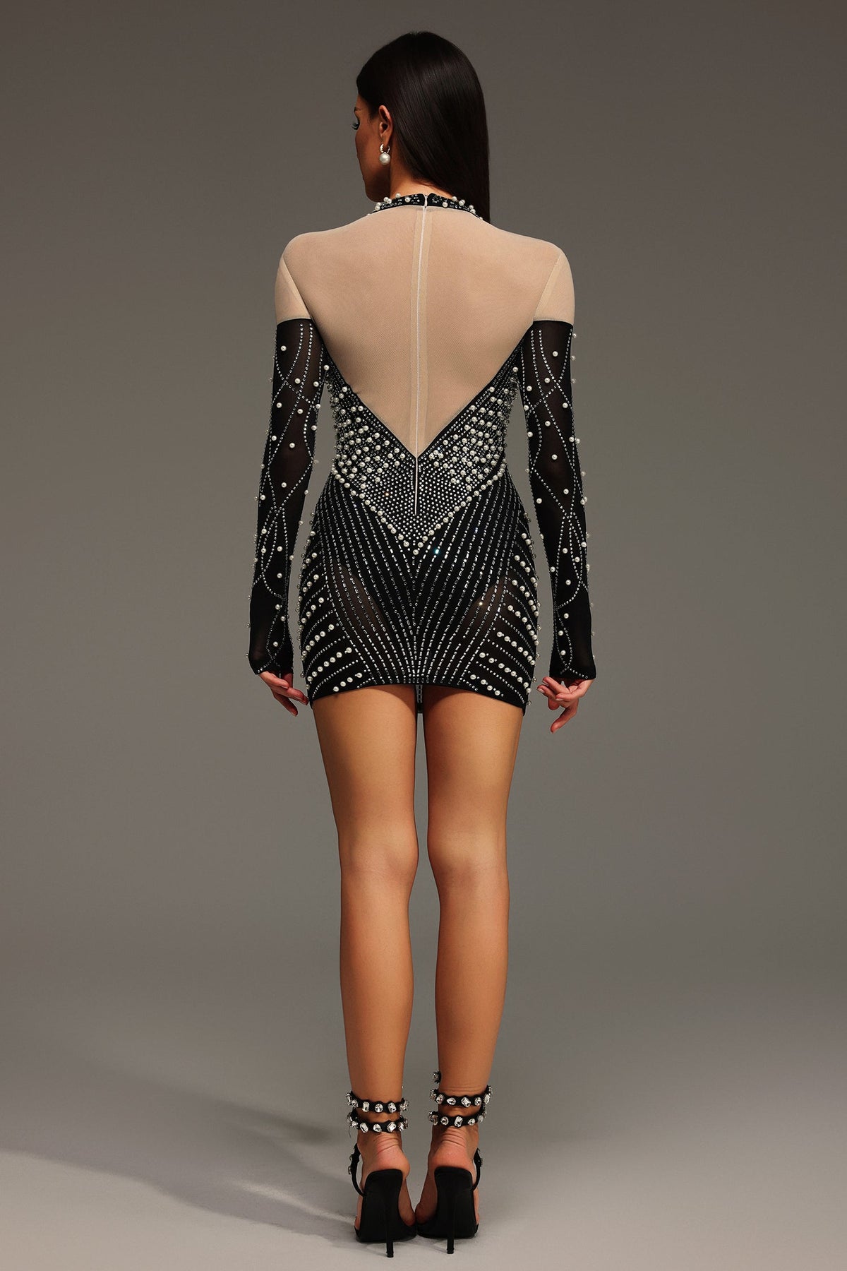 Long Sleeve Pearl Rhinestone Mesh Illusion Bodycon Mini Dress - View 6