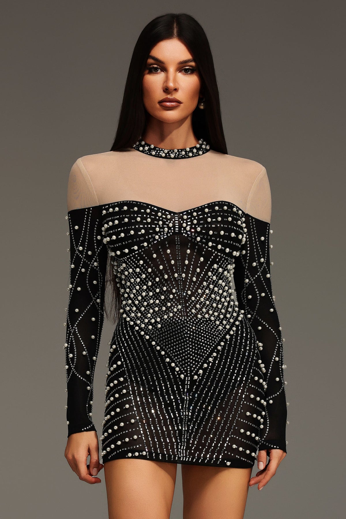 Long Sleeve Pearl Rhinestone Mesh Illusion Bodycon Mini Dress