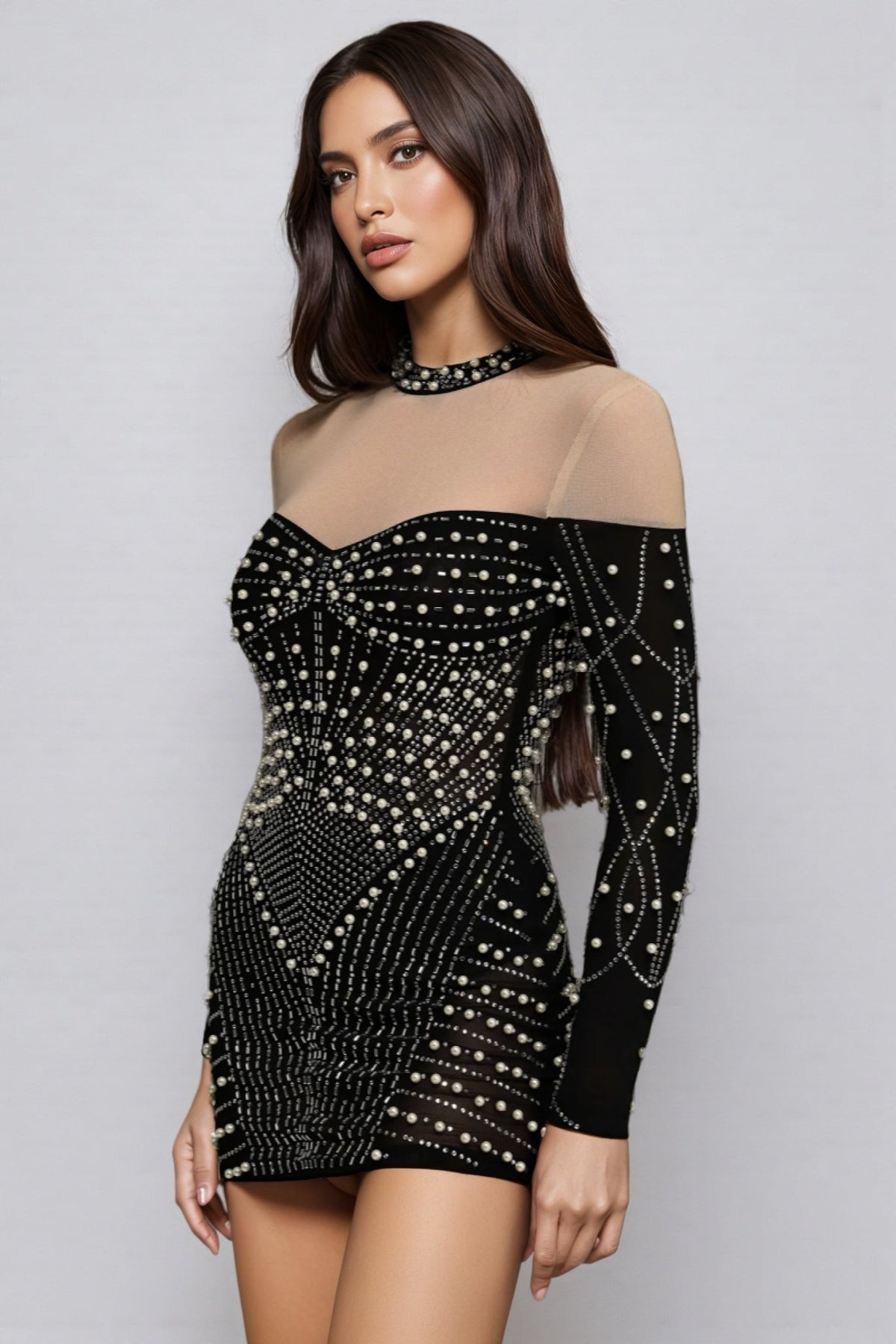 Pearl Rhinestone Illusion Mesh Mock Neck Bodycon Mini Dress - View 4