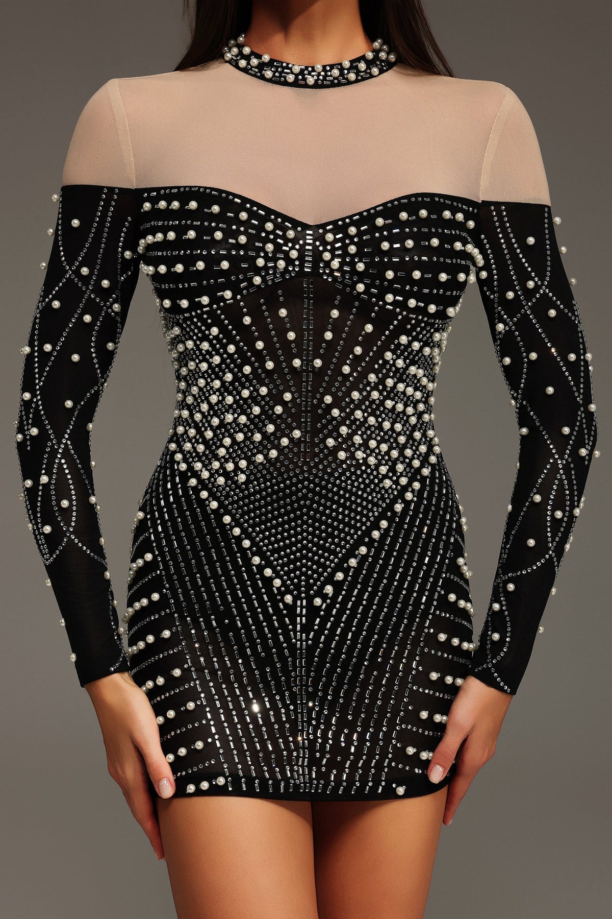 Long Sleeve Pearl Rhinestone Mesh Illusion Bodycon Mini Dress - View 5