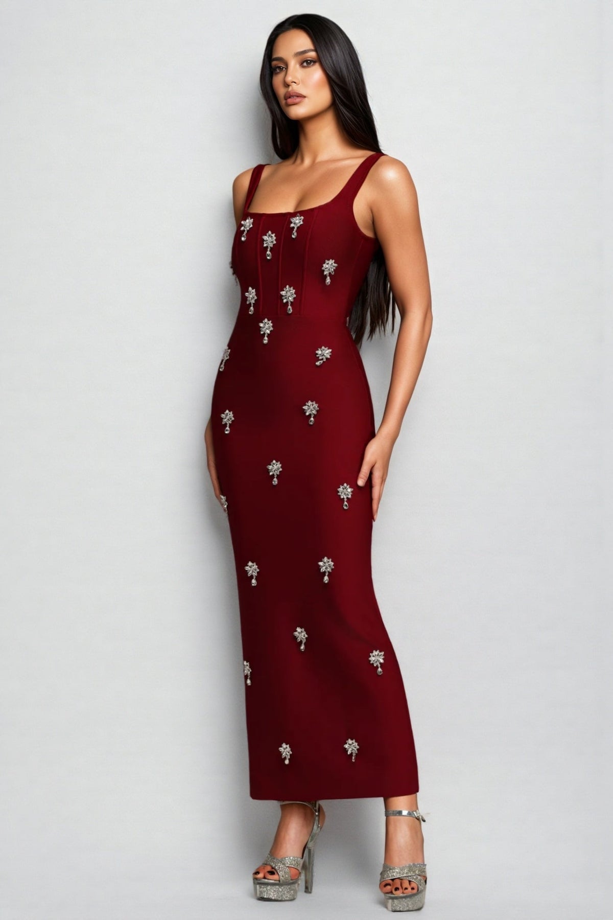 Crystal Starburst Embellished Square Neck Wide Bodycon Maxi Dress - View 2