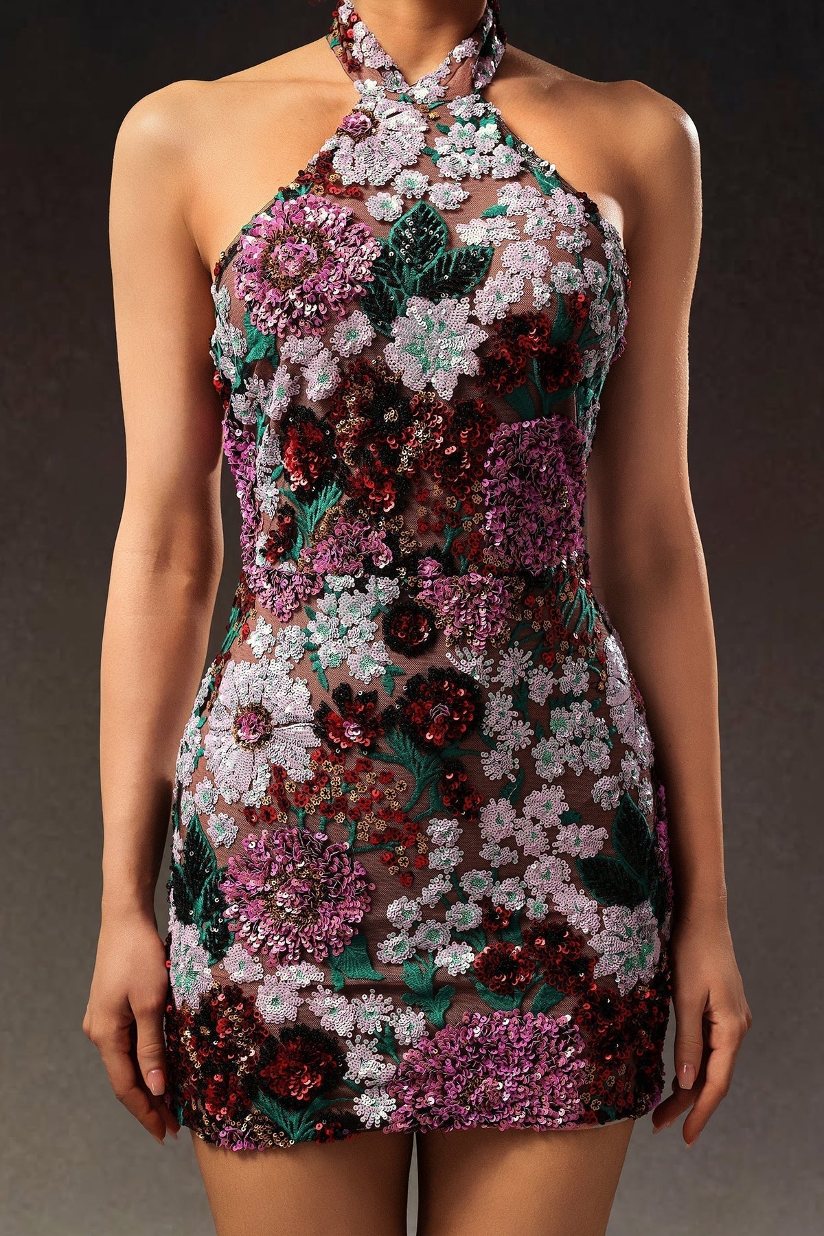 Halter Neck Sleeveless Floral Sequin Bodycon Mini Dress - View 5