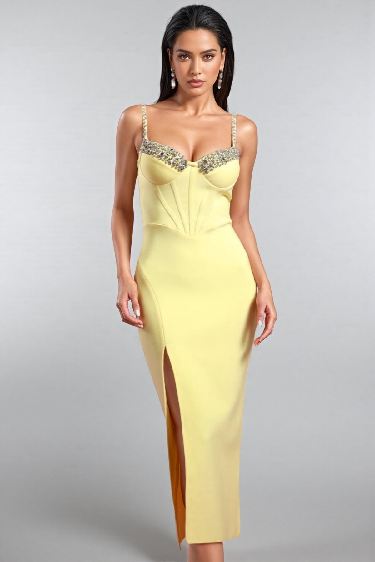 Bandage Sweetheart Corset Bustier Rhinestone Strap Midi Dress - View 5