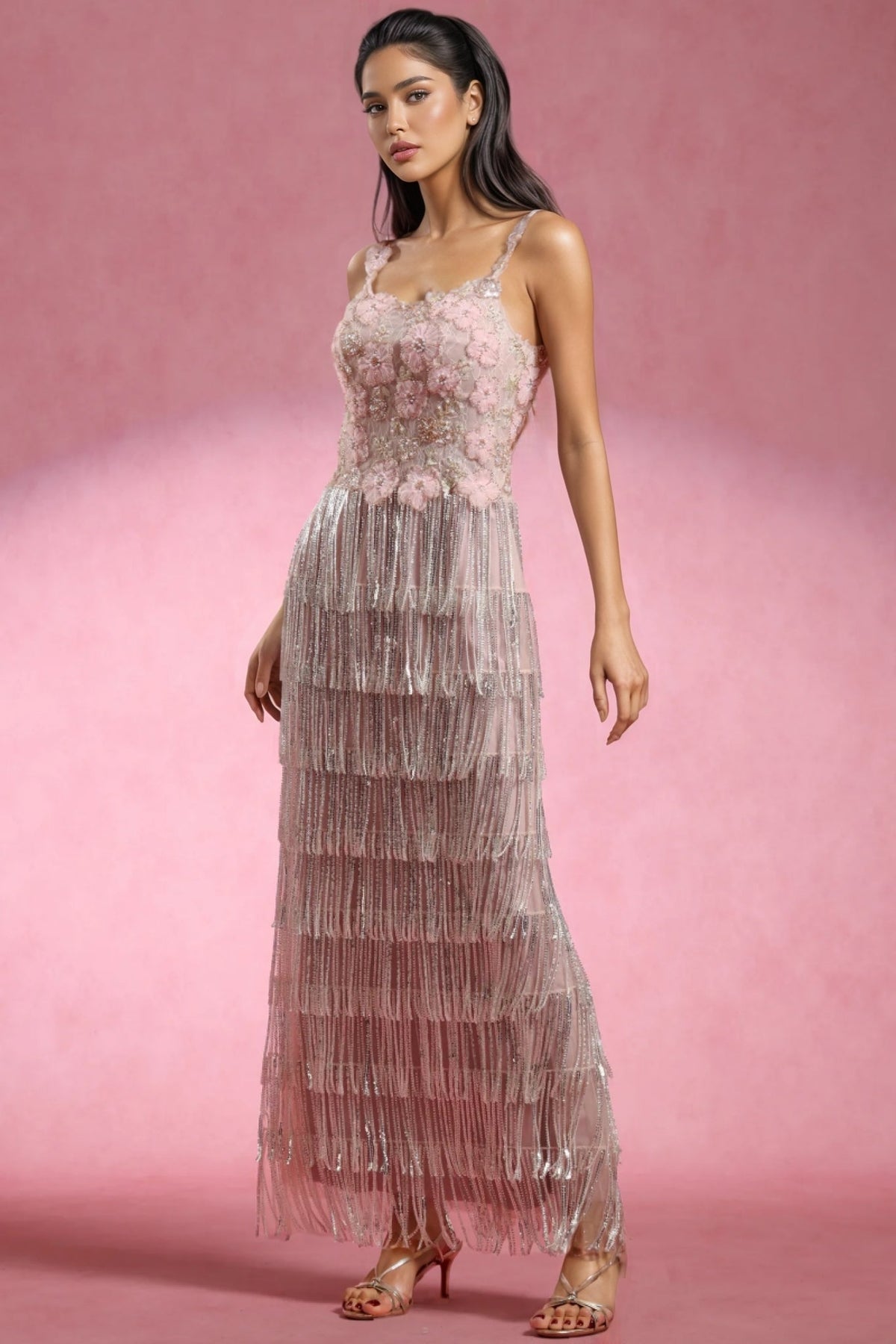 Square Neck 3D Floral Beaded Tiered Metallic Fringe Maxi Gown - View 2