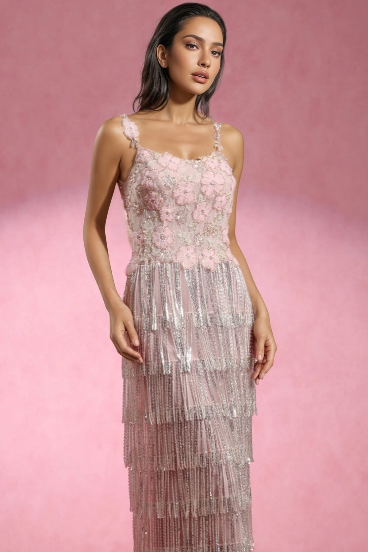 Square Neck 3D Floral Beaded Tiered Metallic Fringe Maxi Gown - View 5