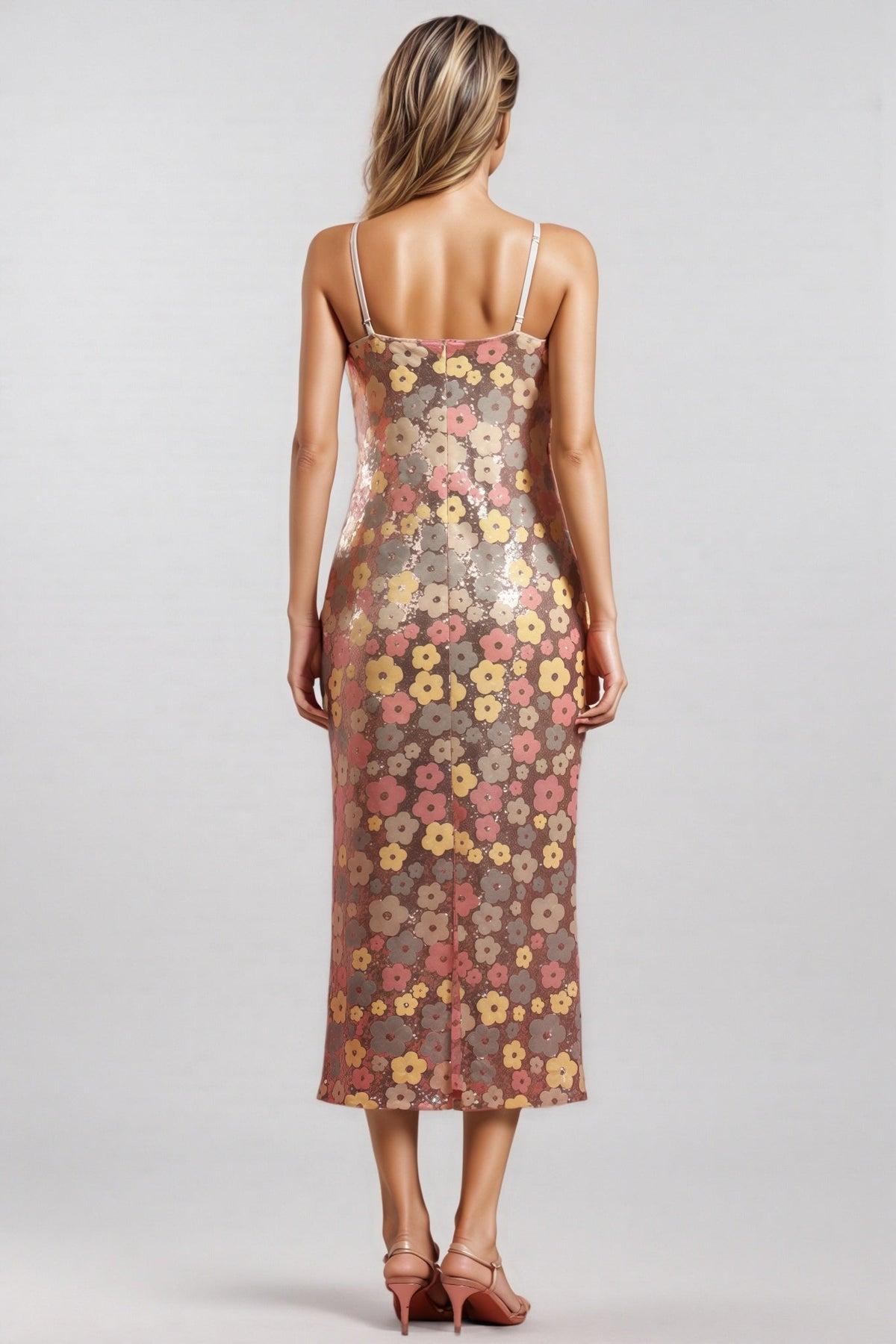 Floral Sequin Spaghetti Strap Bodycon Midi Dress - View 3