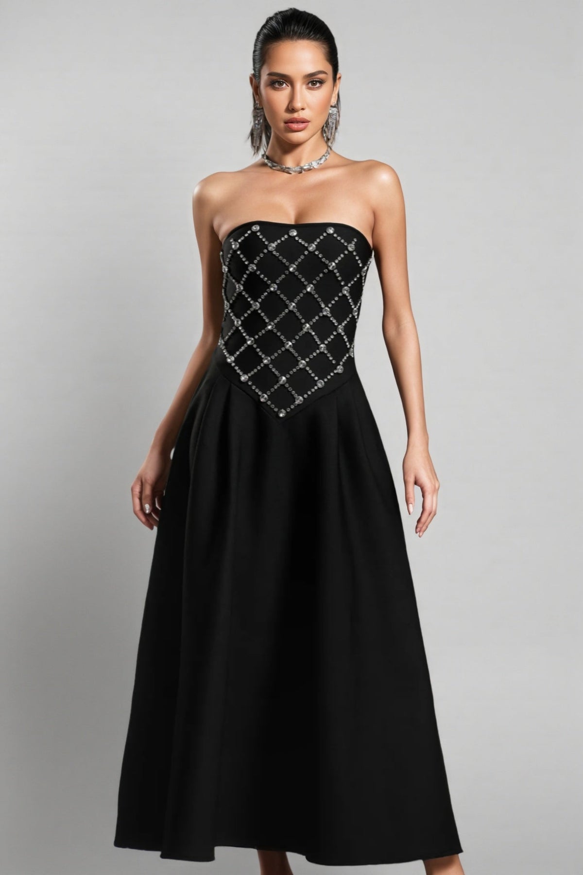 Strapless Rhinestone Lattice Basque Waist Pleated A-Line Maxi Gown - View 2