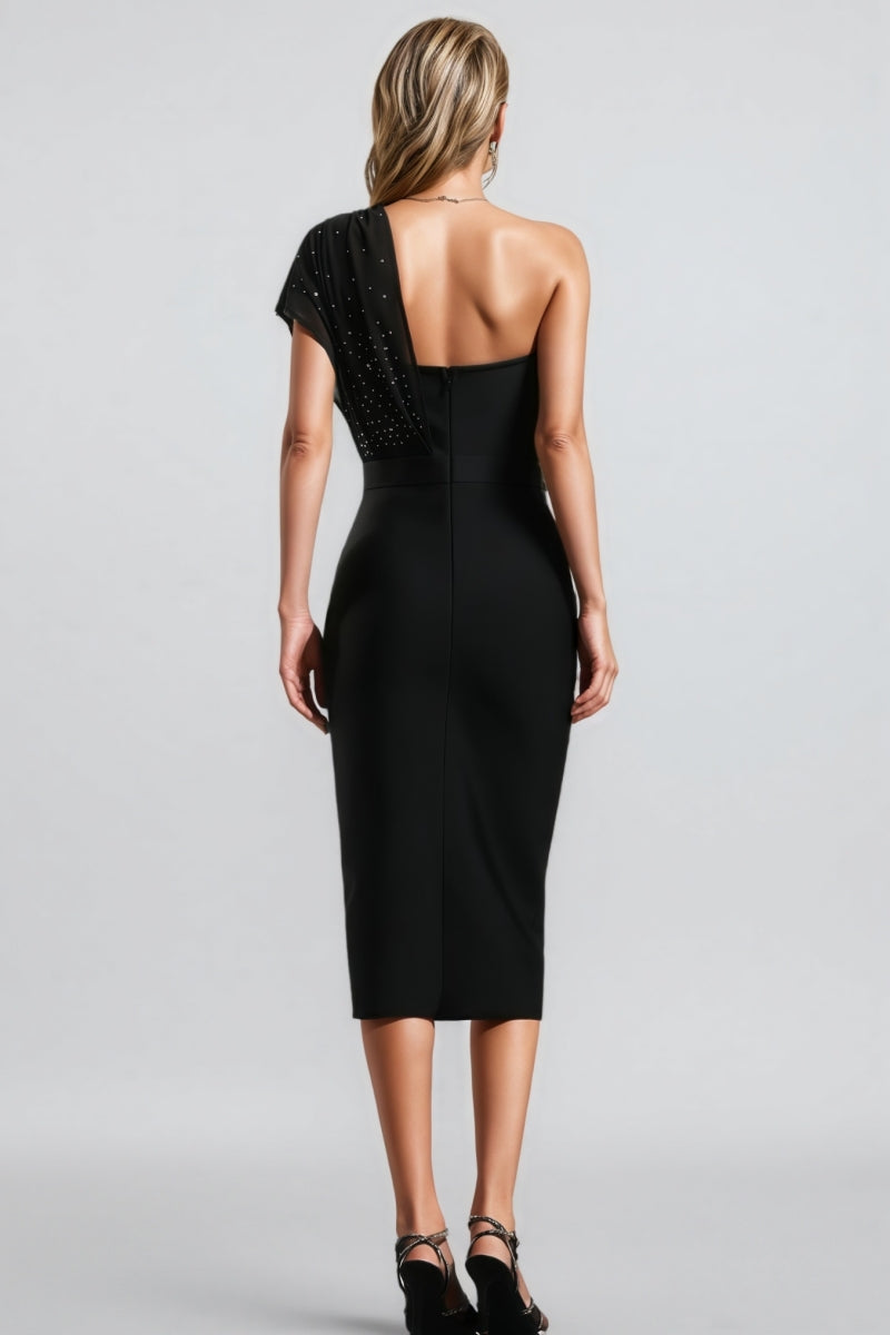 One Shoulder Rhinestone Sheer Drape Sash Bandage Midi Dress - View 3