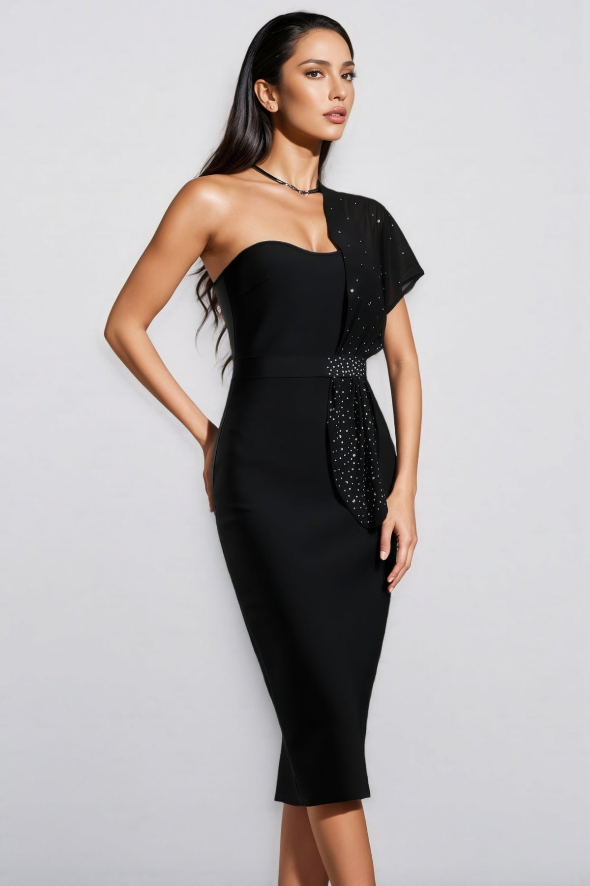 One Shoulder Rhinestone Sheer Drape Sash Bandage Midi Dress - View 5