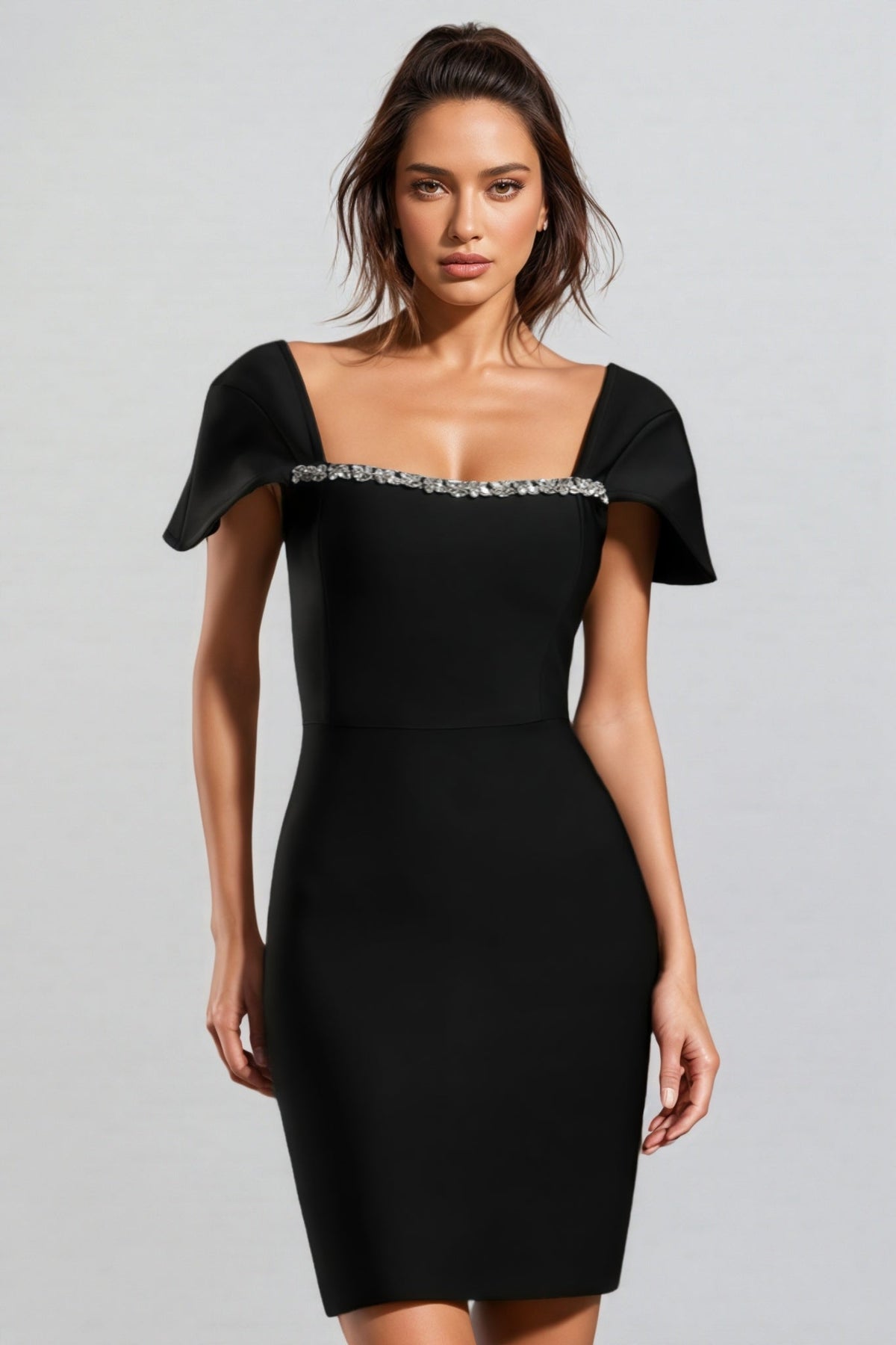 Rhinestone Trim Square Neck Cape Sleeve Bodycon Mini Dress - View 4