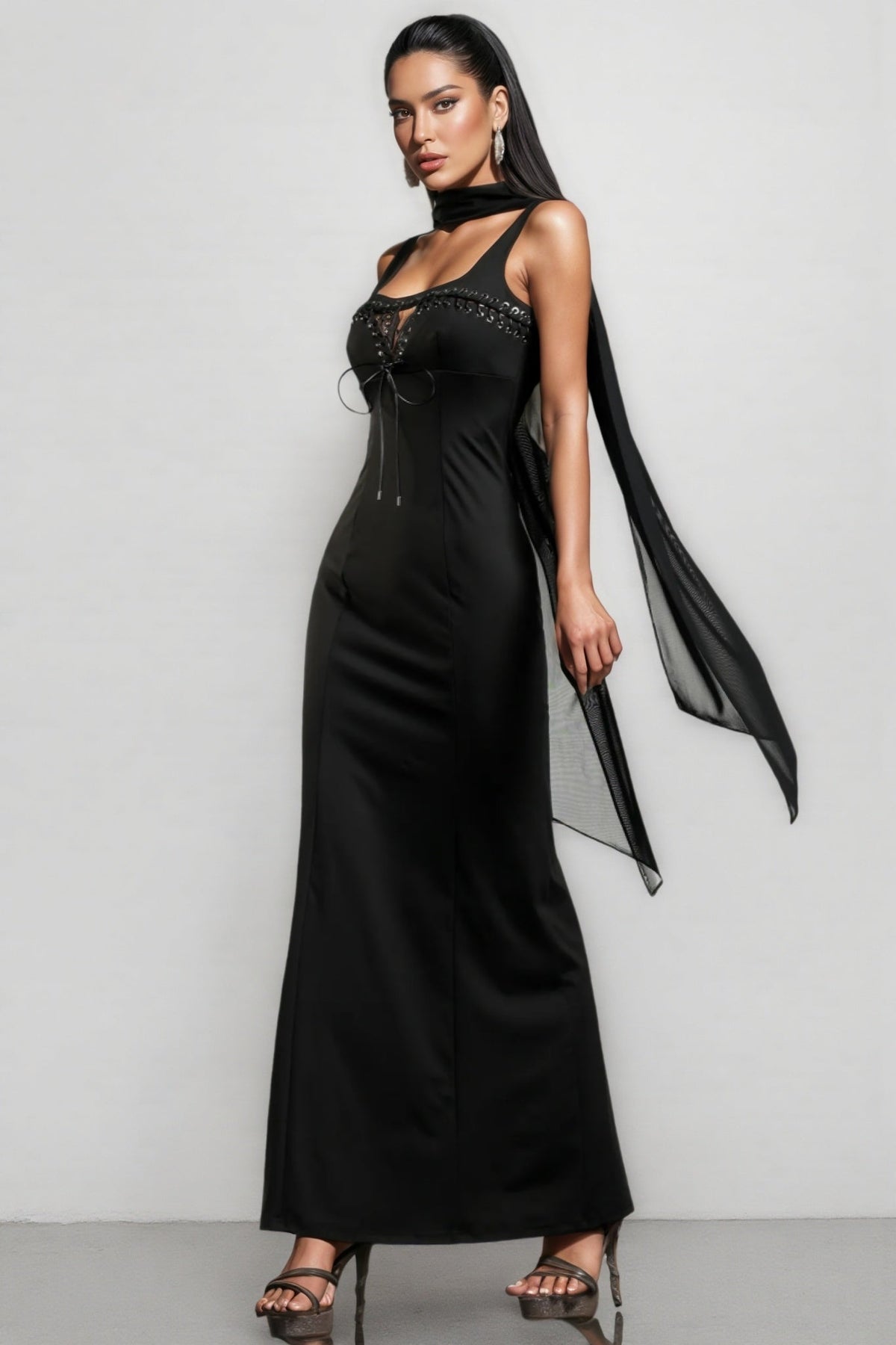 Lace Up Keyhole Grommet Trim Neck Scarf Bandage Maxi Gown - View 2