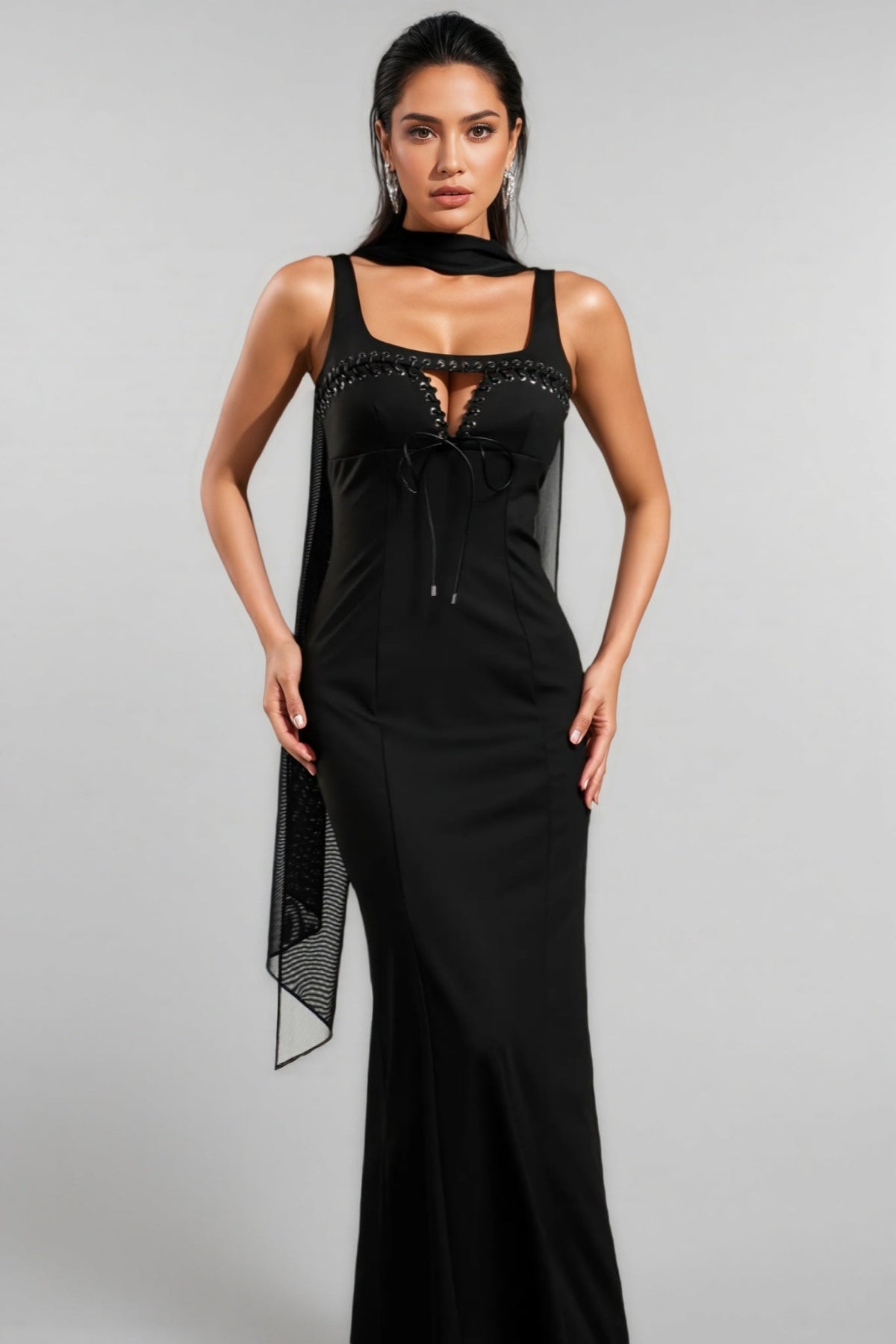 Lace Up Keyhole Grommet Trim Neck Scarf Bandage Maxi Gown - View 4