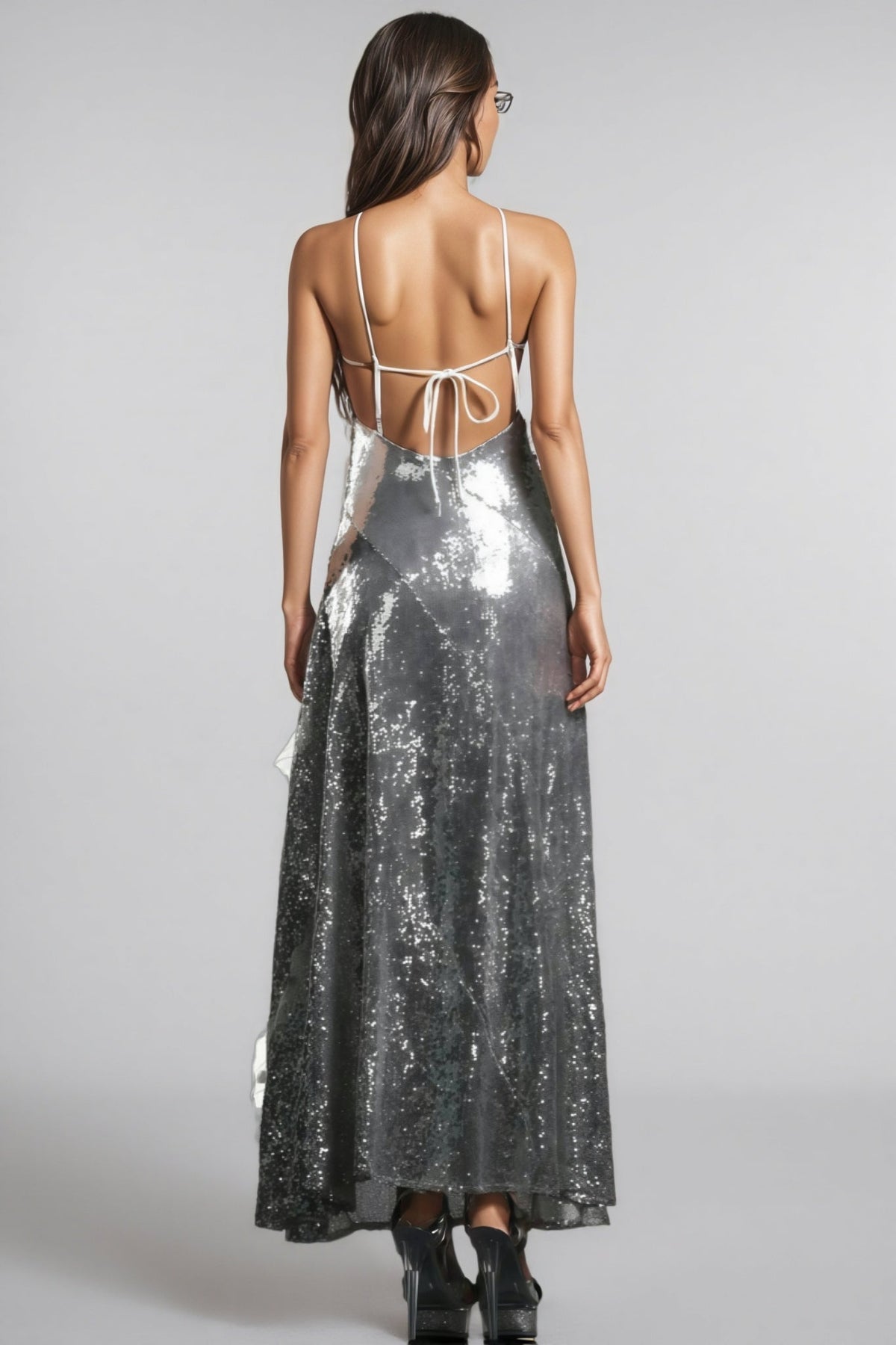 Sequin Halter Neck Organza Ruffle A-Line Maxi Dress - View 3