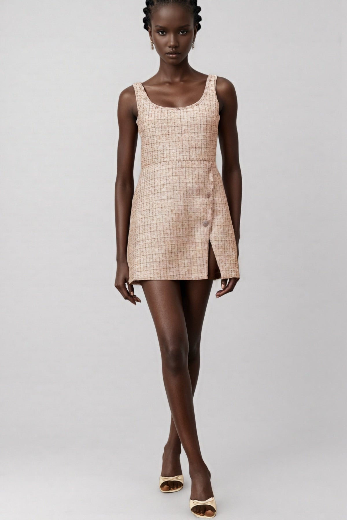 Tweed Grid Check Scoop Neck Sleeveless Wrap Front Mini Dress - View 5