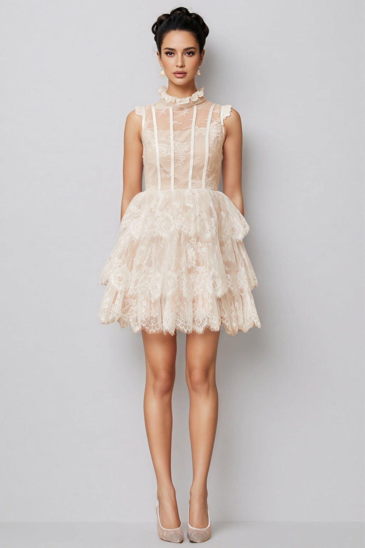 Lace High Neck Tiered Ruffle Mini Dress - View 3