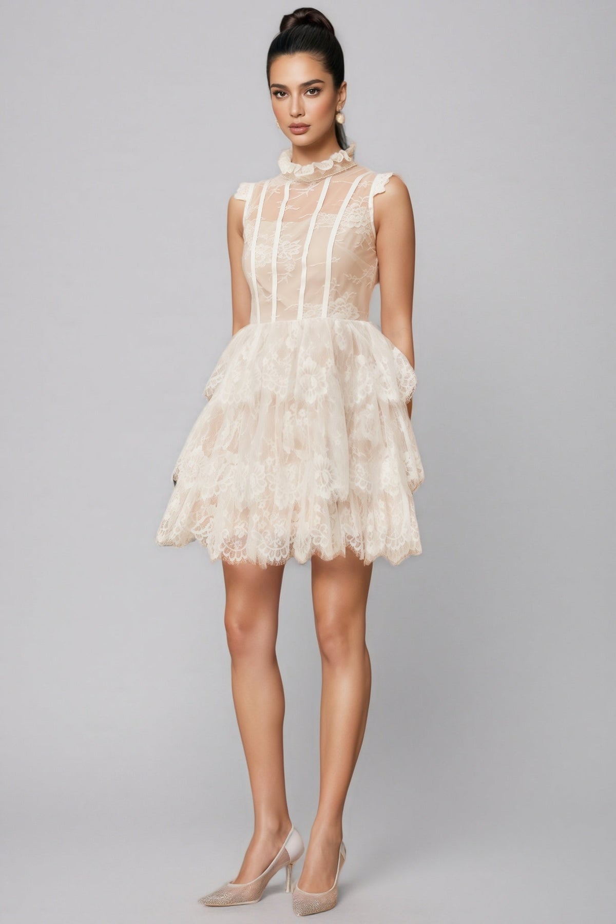 Lace High Neck Tiered Ruffle Mini Dress - View 2