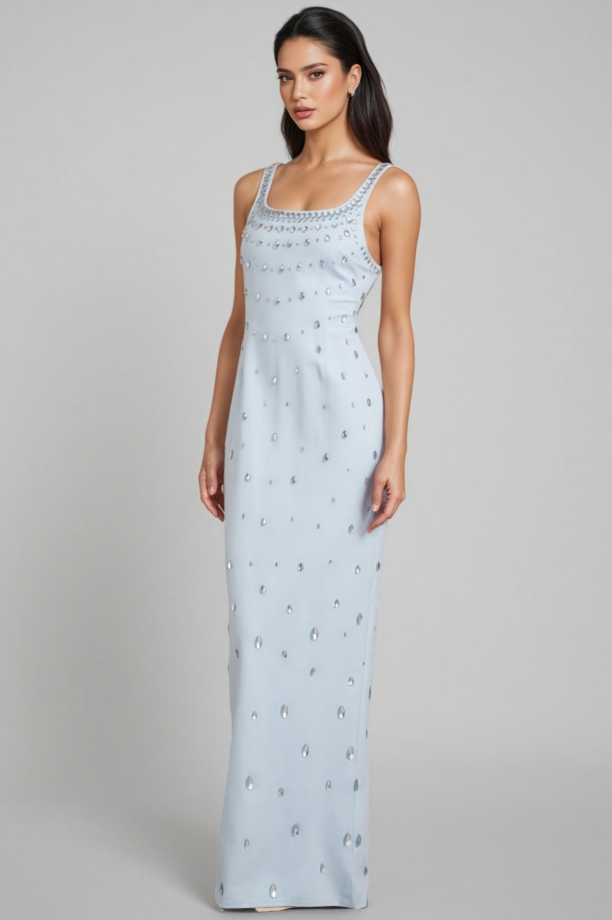 Rhinestone Scoop Neck Sleeveless Teardrop Embellished Column Maxi Gown - View 4
