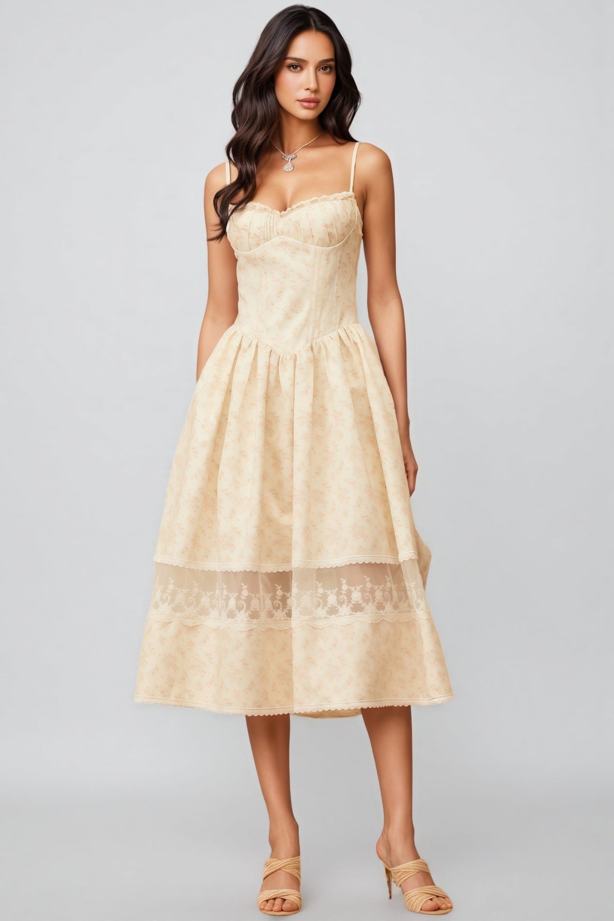 Floral Print Sweetheart Spaghetti Strap Bustier Lace Trim Midi Dress - View 3