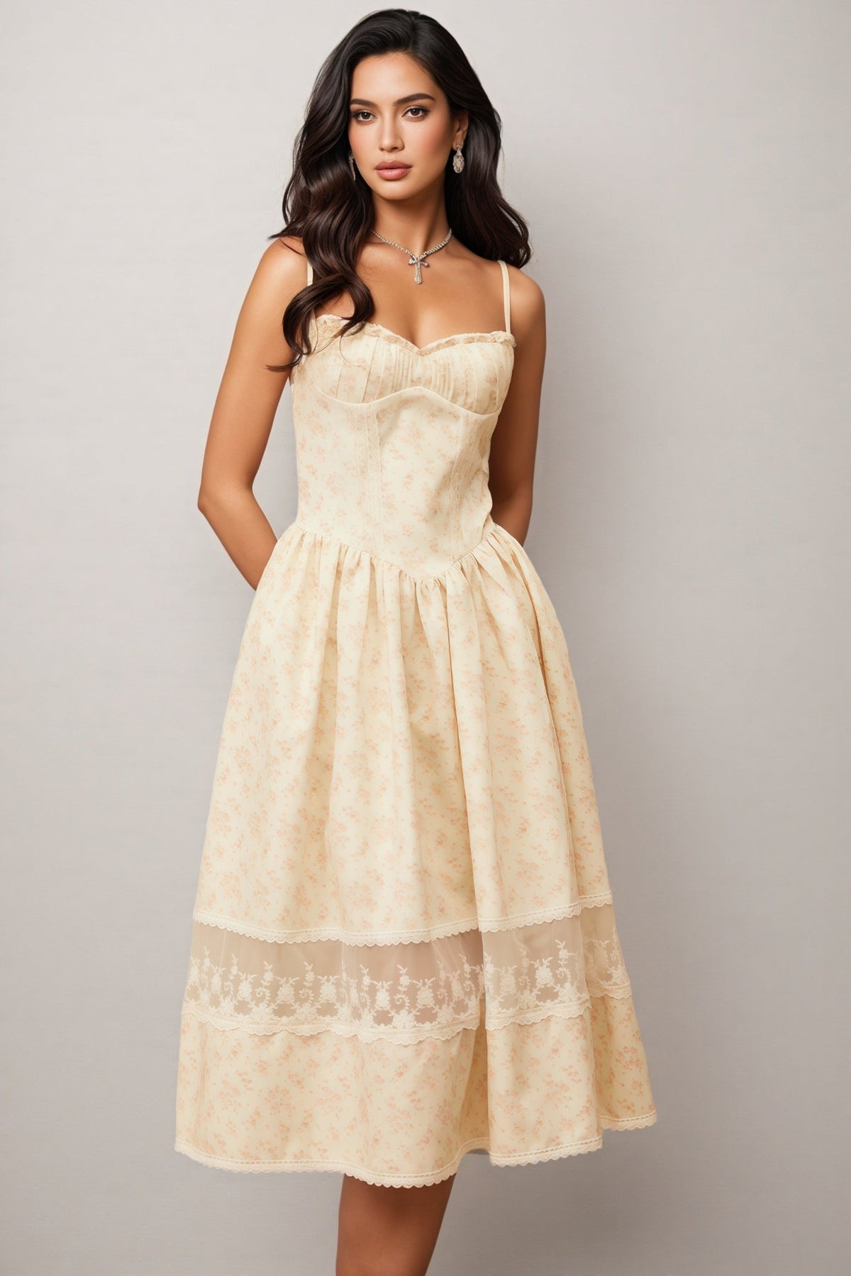 Floral Print Sweetheart Spaghetti Strap Bustier Lace Trim Midi Dress - View 8