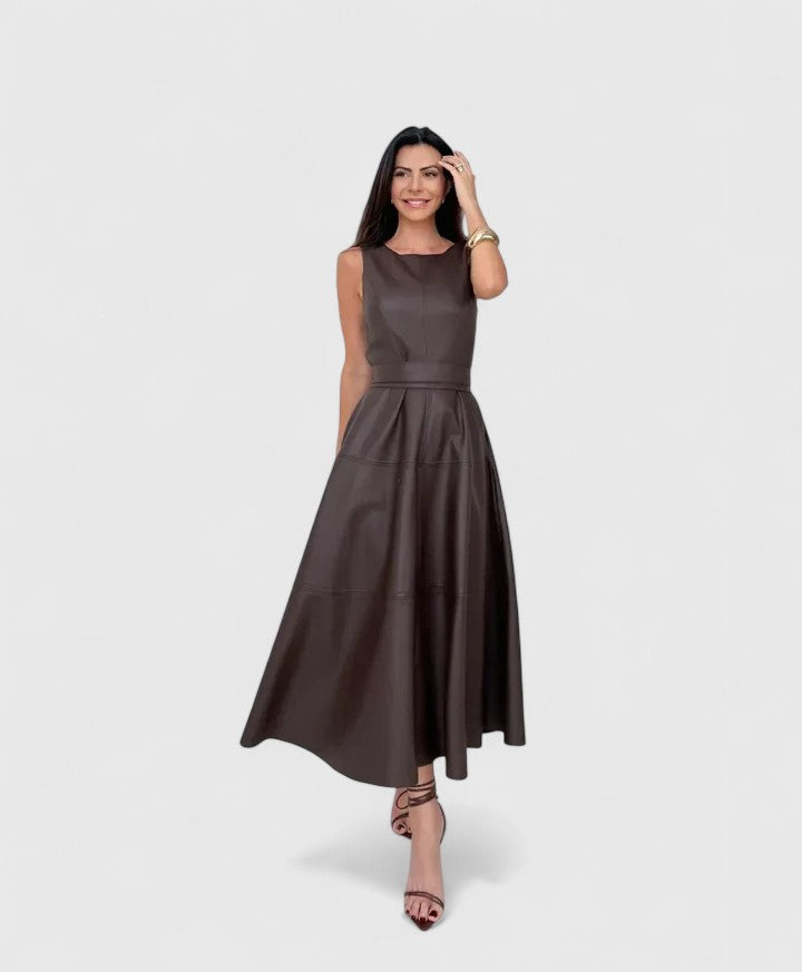 Faux Leather Round Neck Sleeveless Fit and Flare Midi Dress 3