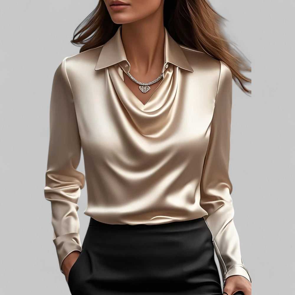Draped Cowl Neck Long Sleeve Satin Blouse 13