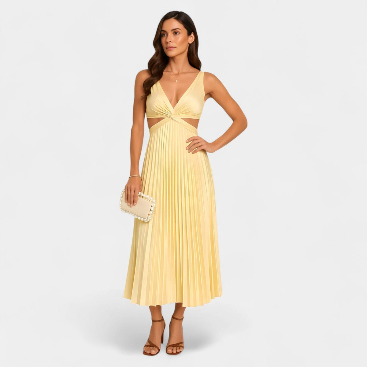 Pleated V-Neck Cut Out Sleeveless Midi Dress 2
