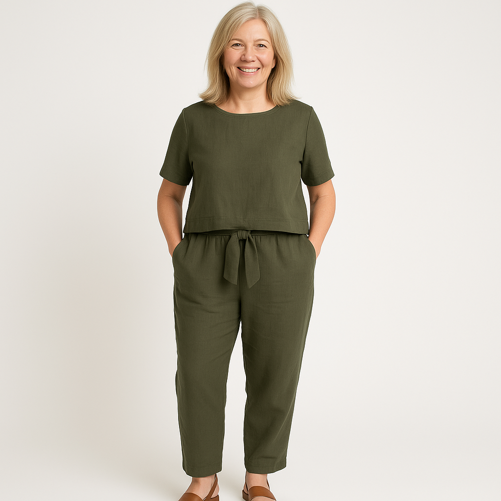 Boat Neck Short Sleeve Top and Tie Waist Tapered Pants Two Piece Set 3