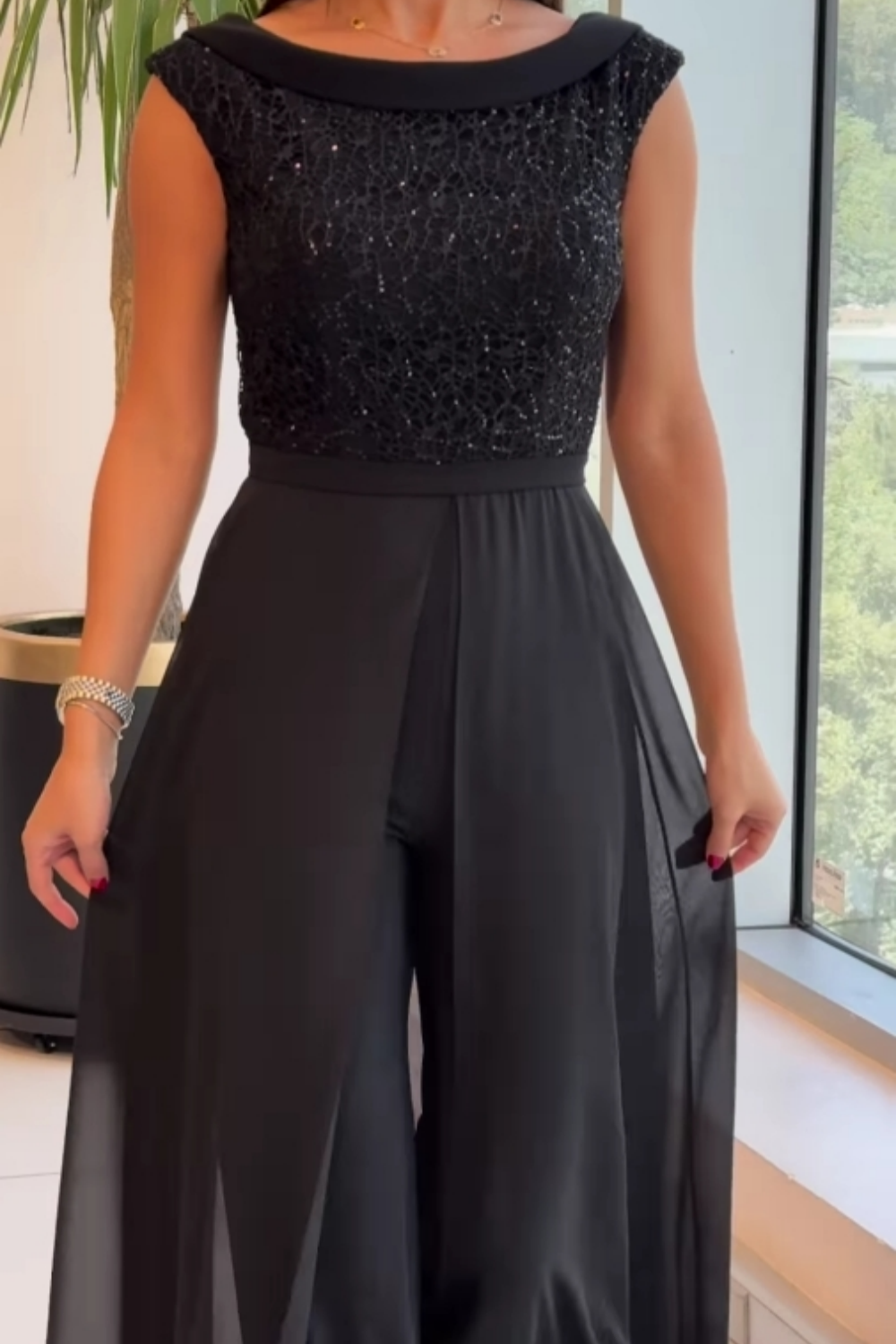 Sequin Bodice Sleeveless Chiffon Overlay Wide Leg Jumpsuit 2