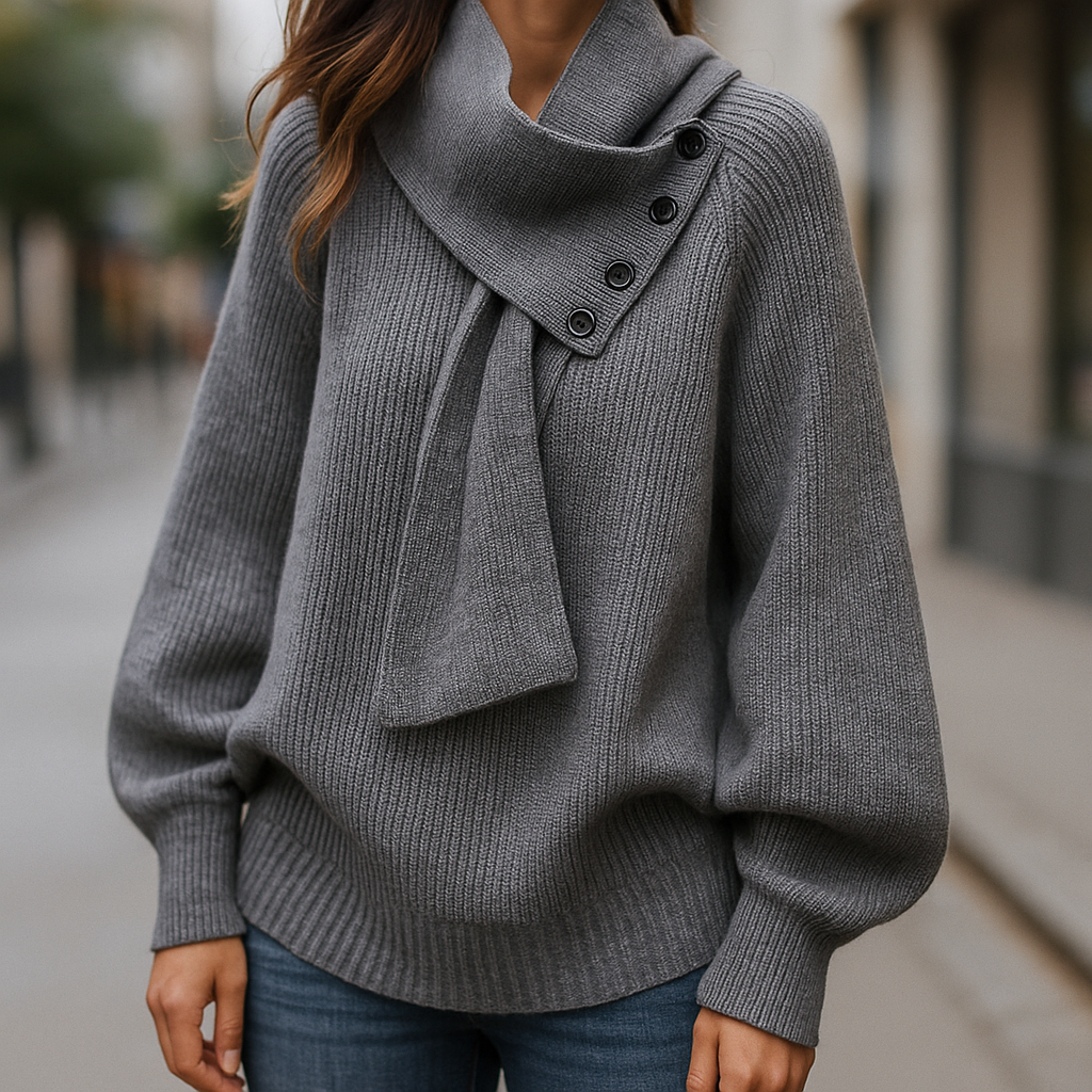 Scarf Neck Button Detail Ribbed Knit Sweater 7