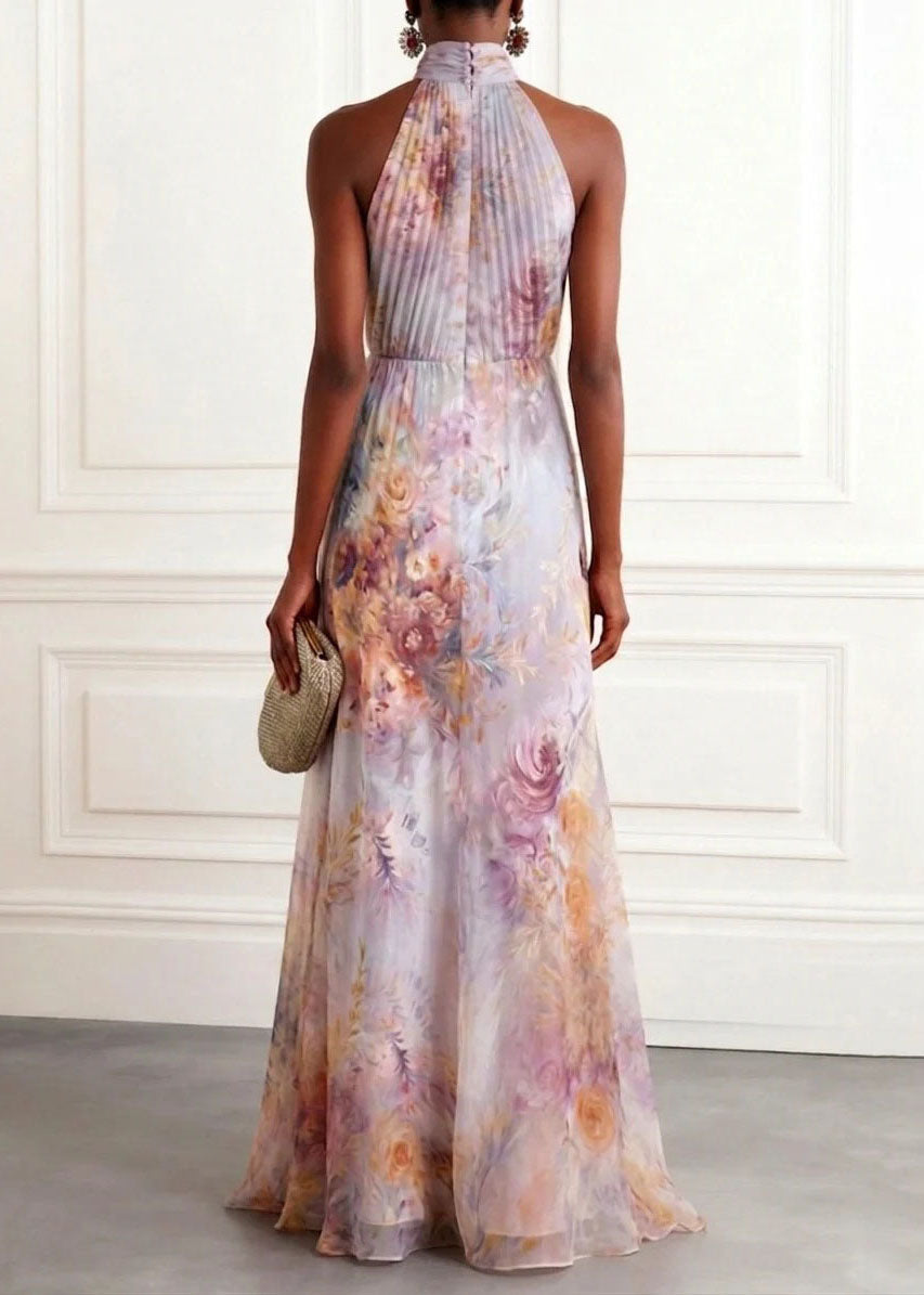 Floral Print Halter Neck Pleated Bodice A-Line Maxi Gown - View 2