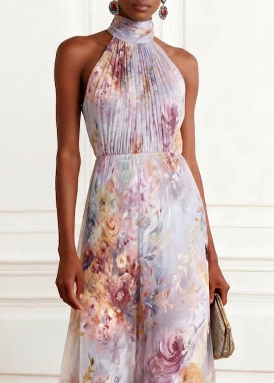 Floral Print Halter Neck Pleated Bodice A-Line Maxi Gown - View 3