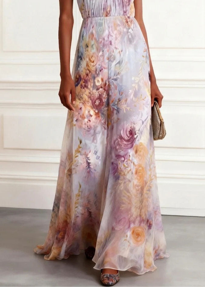 Floral Print Halter Neck Pleated Bodice A-Line Maxi Gown - View 4