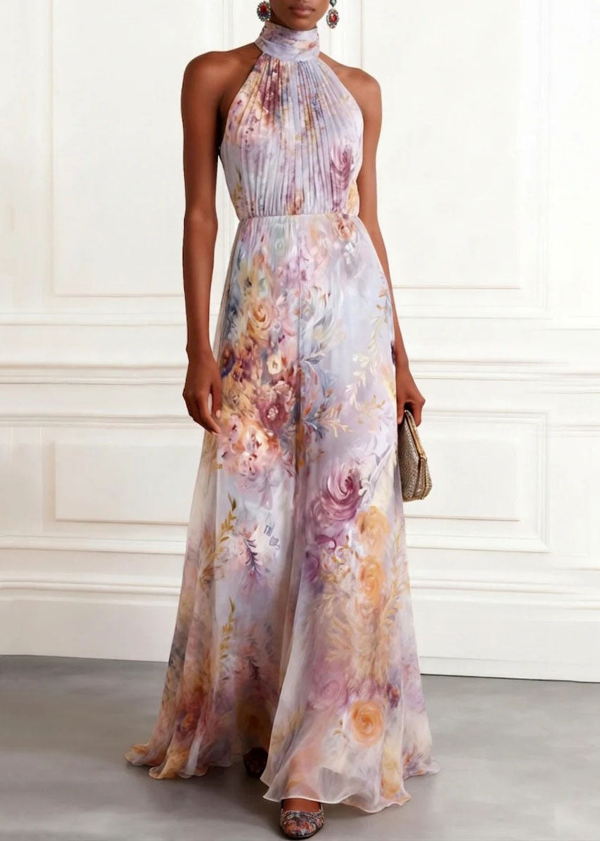 Floral Print Halter Neck Pleated Bodice A-Line Maxi Gown - View 5
