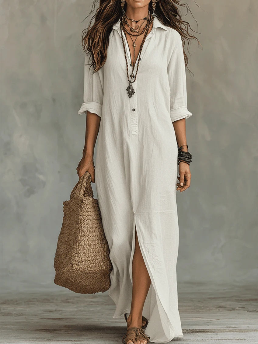 Collared Long Sleeve Button Front Side Split Maxi Shirt Dress 6