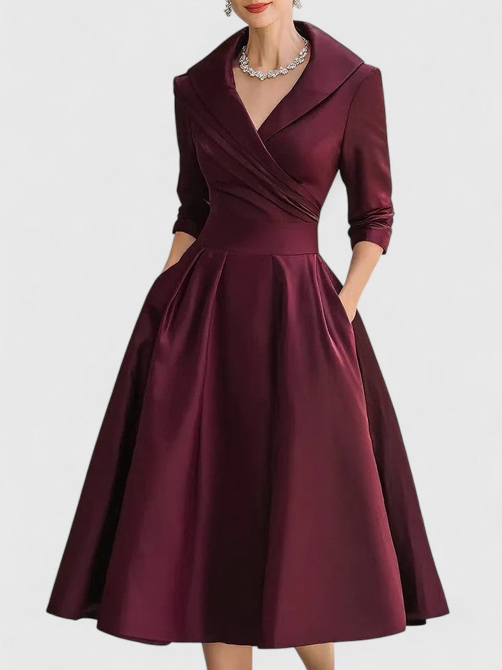 Shawl Collar Wrap Three Quarter Sleeve Fit and Flare Tea Length Dress 7