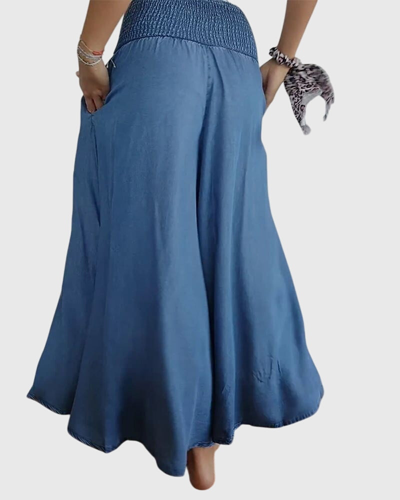 Smocked High Waist Wide Leg Denim Palazzo Pants 2