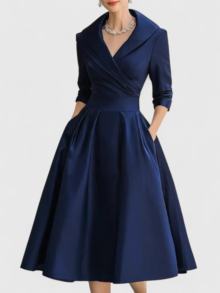 Shawl Collar Wrap Three Quarter Sleeve Fit and Flare Tea Length Dress 6