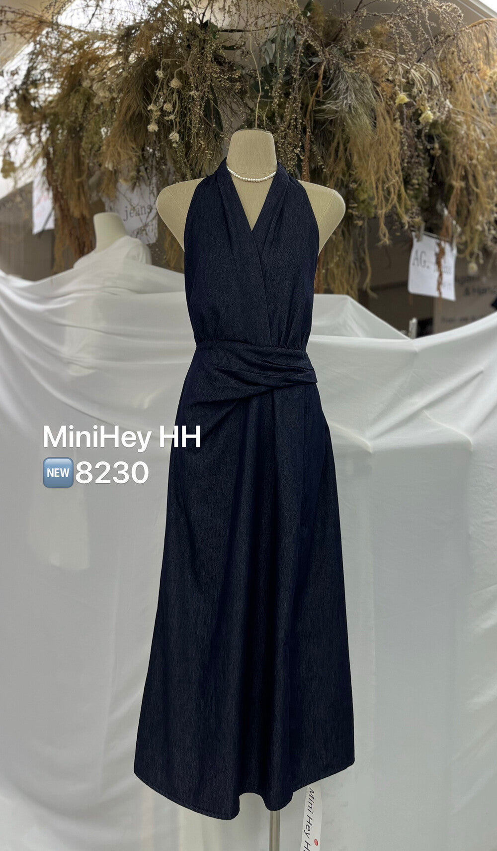 Denim Halter Neck Sleeveless Twist Waist Maxi Dress 7