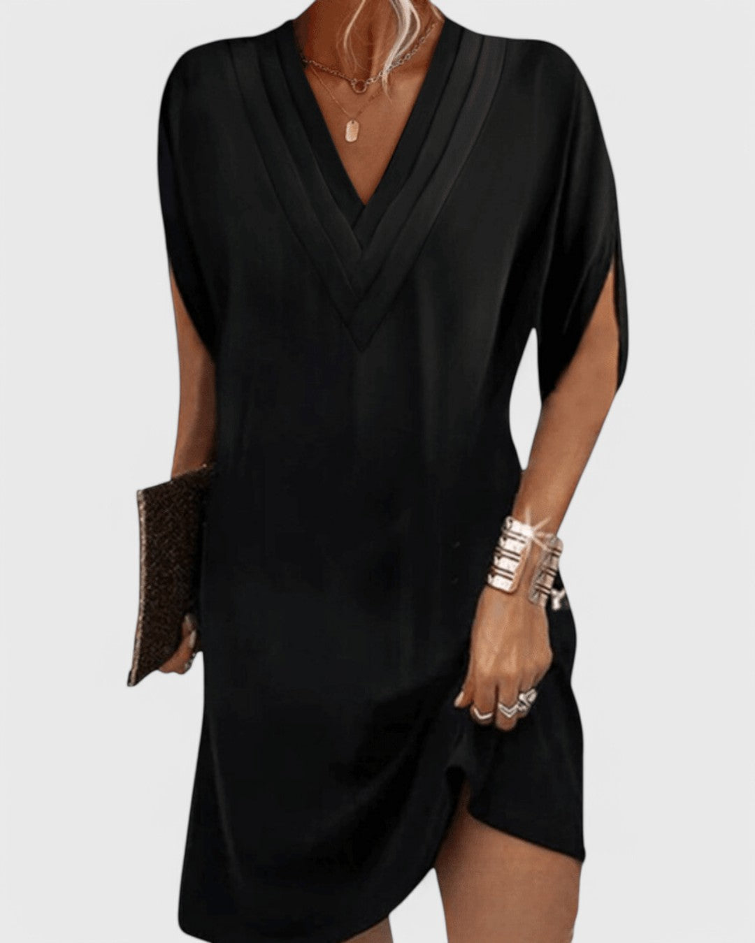 Deep V-Neck Short Sleeve Shift Mini Dress 2